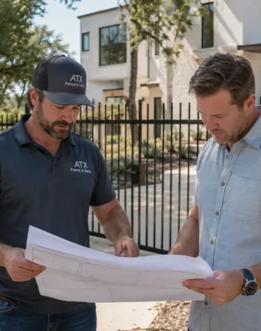 Owner-operated steel fence contractor reviewing blueprints with a homeowner outside an Austin, Texas property with a black steel fence.