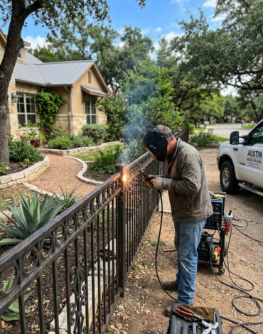 Mobile welder repairing a single section of ornamental steel fence at an Austin, Texas residential property with welding sparks visible.