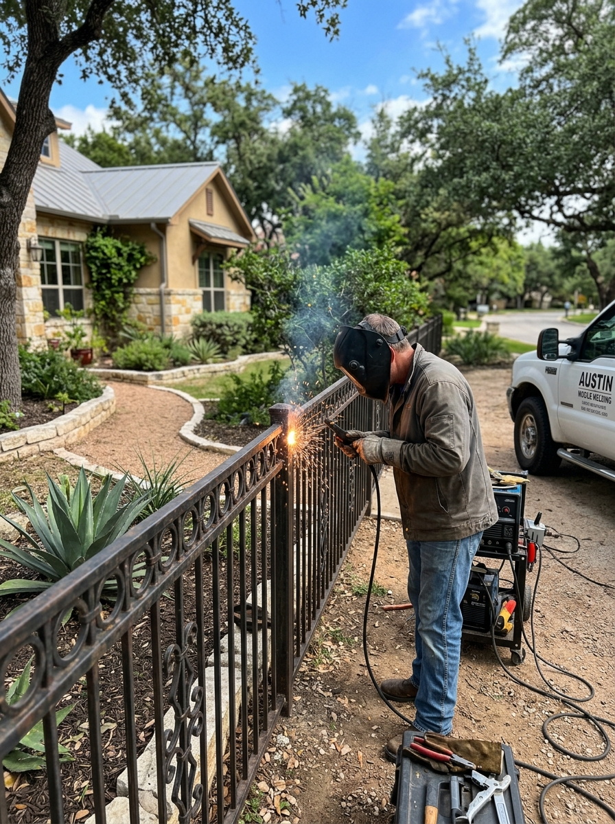 Mobile welder repairing a single section of ornamental steel fence at an Austin, Texas residential property with welding sparks visible.