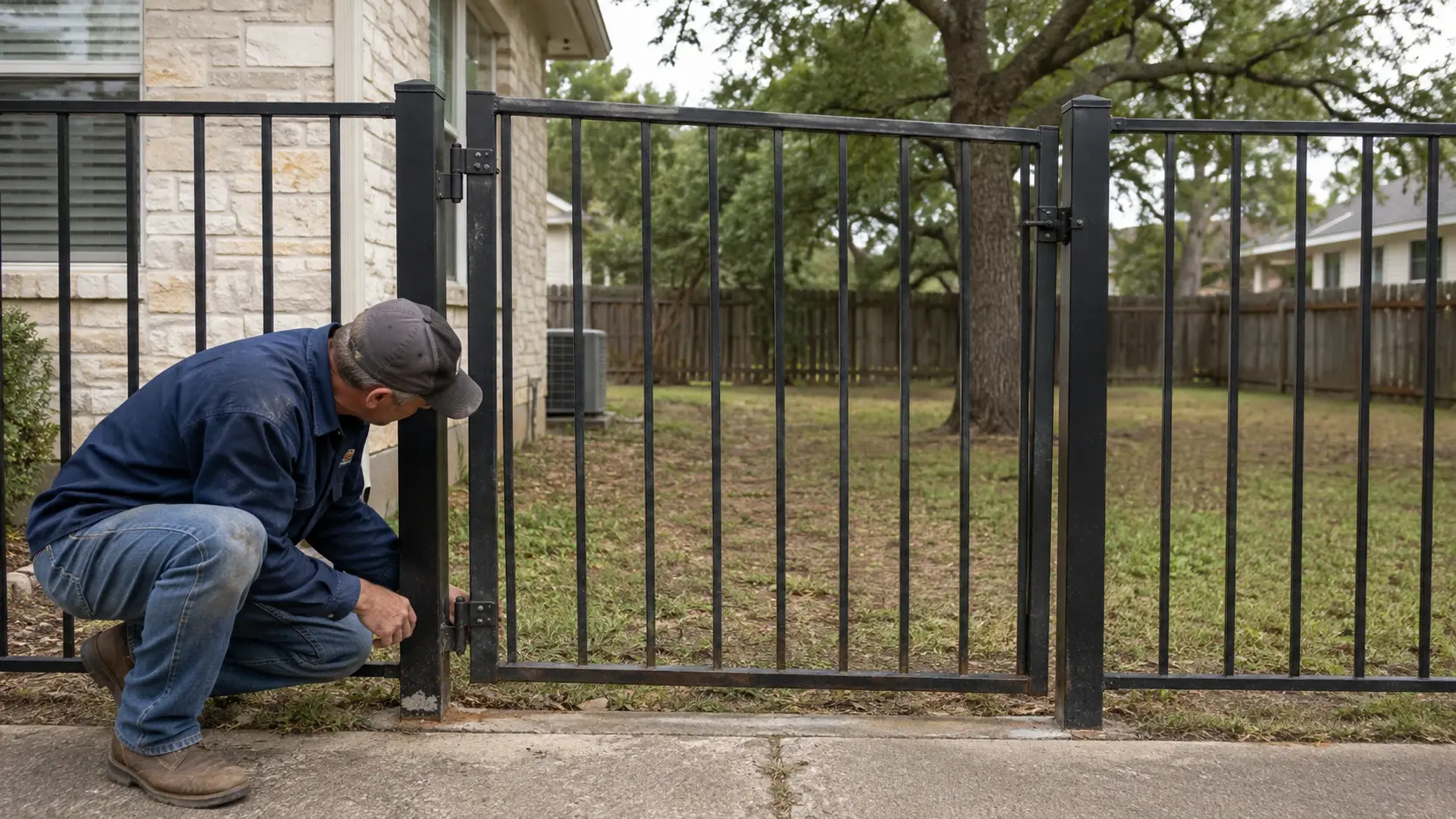 Fence professional inspecting a residential steel gate hinge for damage in Austin, TX.