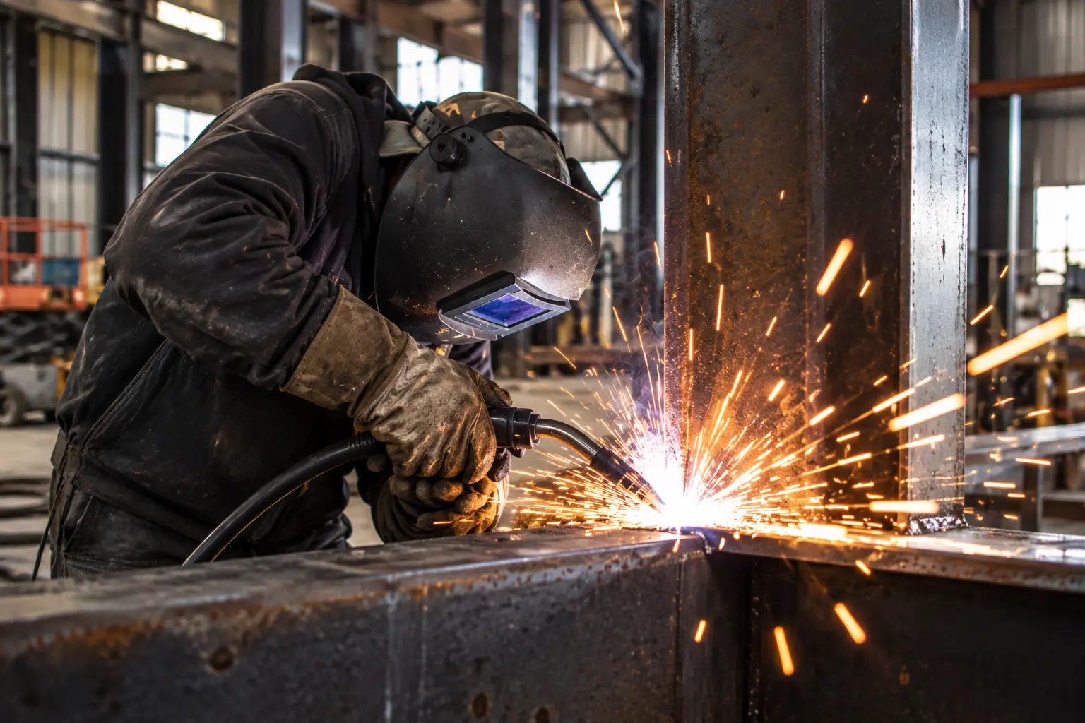Welder performing structural steel welding inside an industrial fabrication facility
