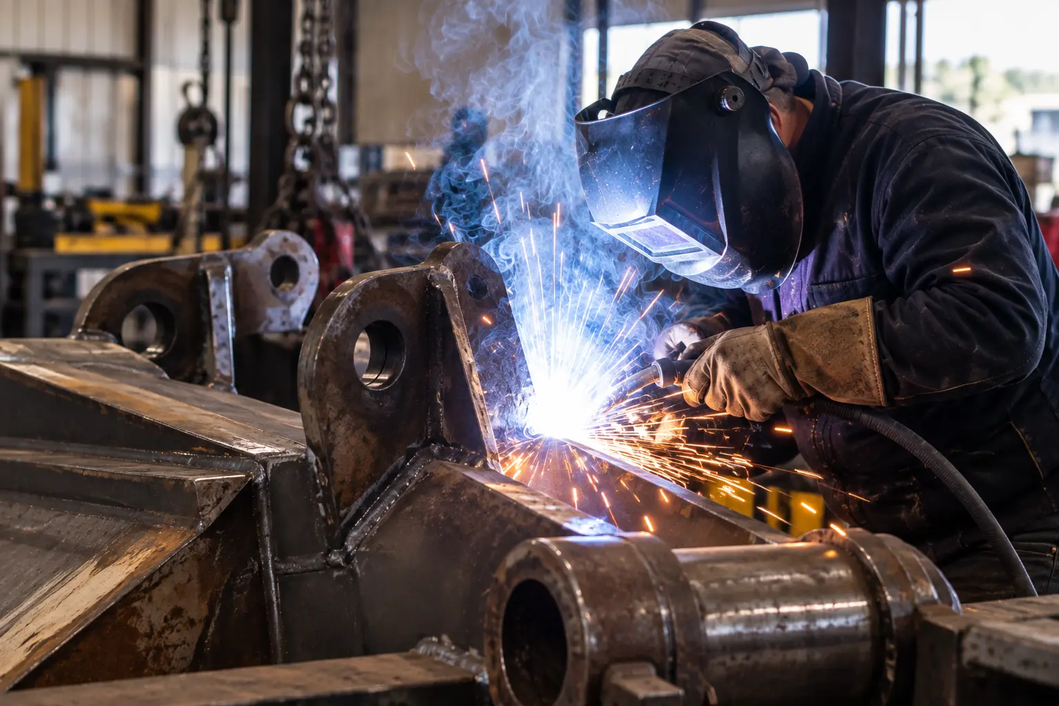 Welder performing custom fabrication and specialty alloy welding on a heavy steel component