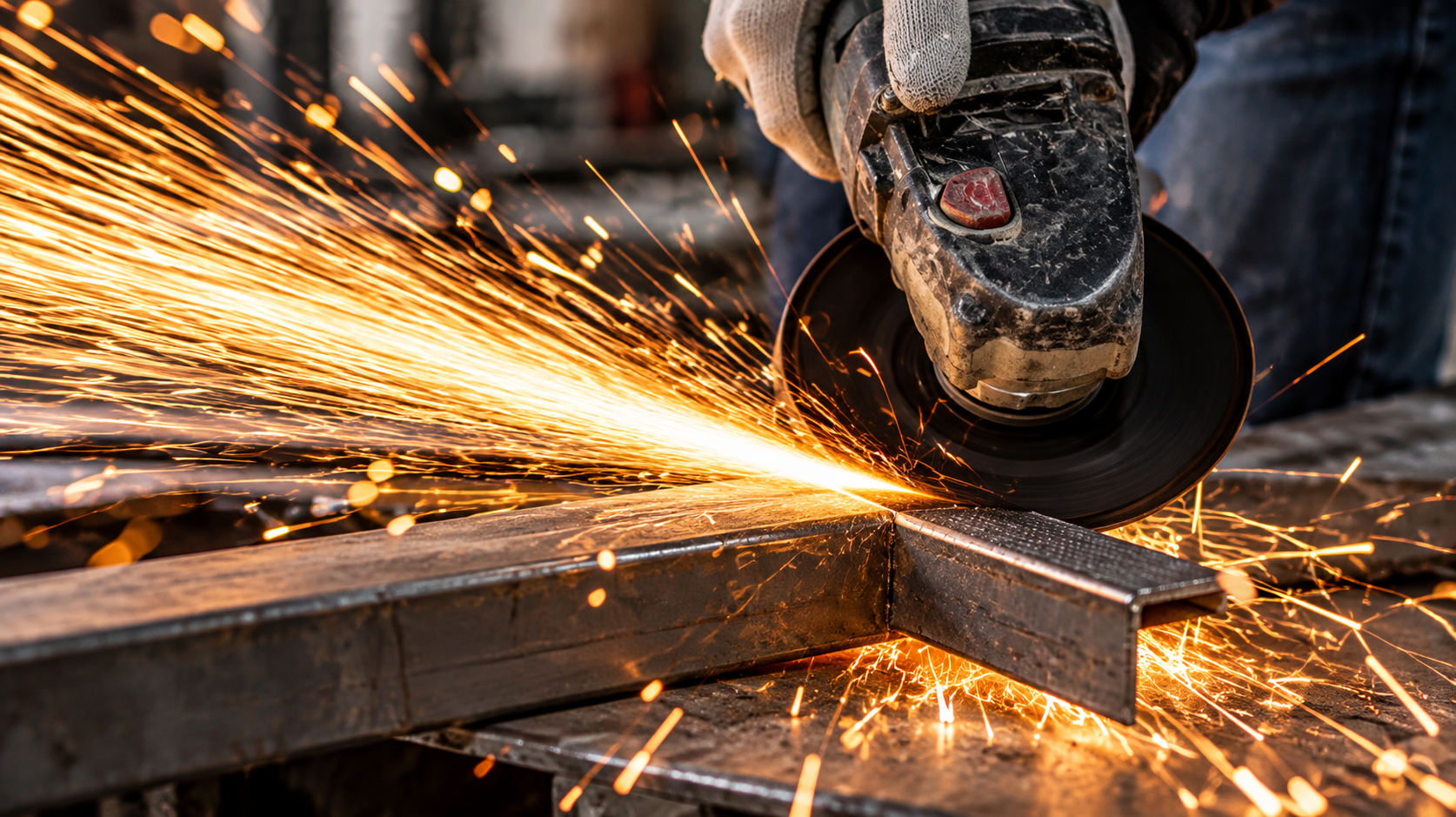 Angle grinder cutting a steel tube with bright sparks in a metal fabrication shop