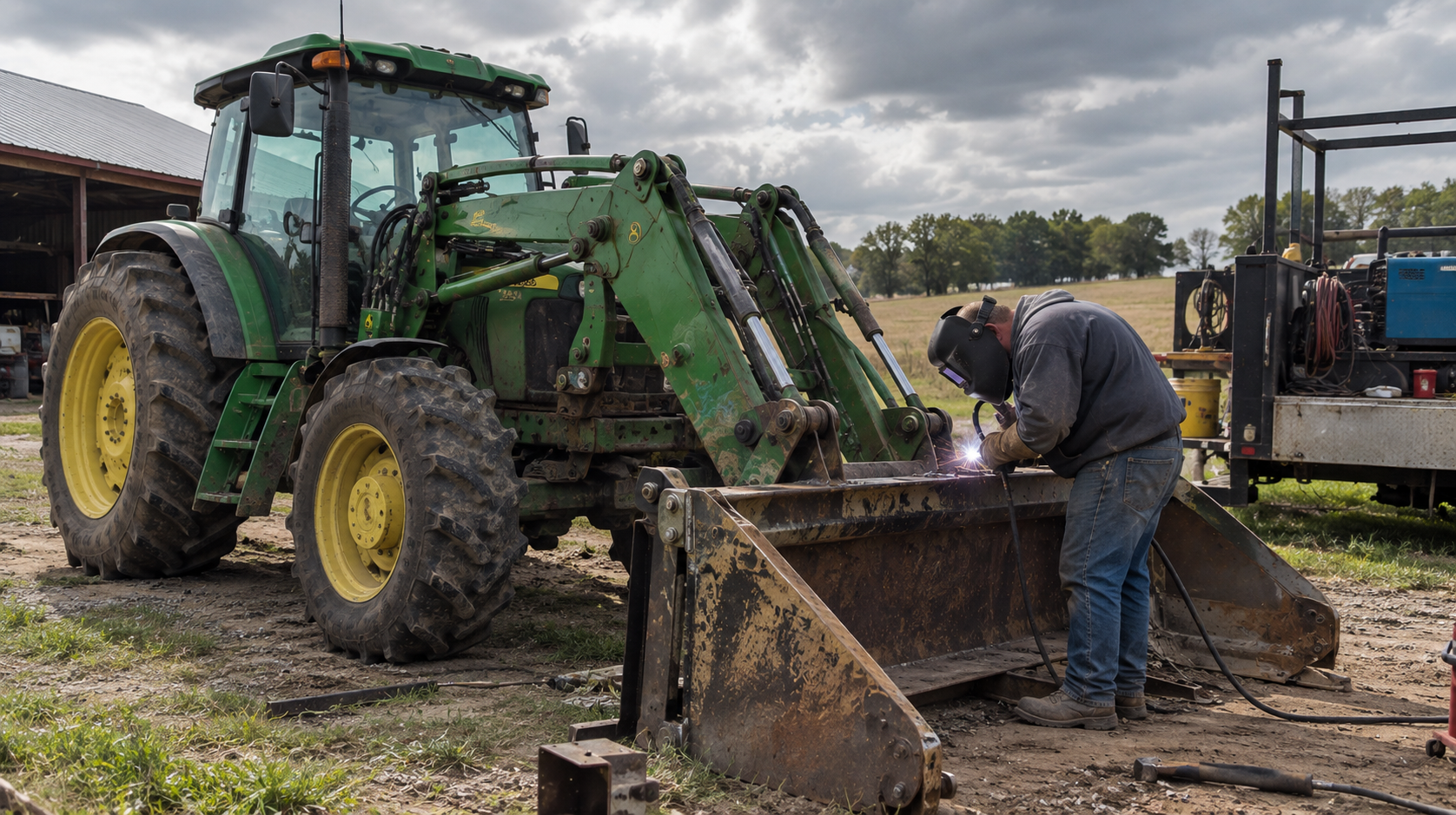 Welder repairing a heavy-duty tractor attachment on a working farm