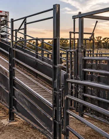 Welder repairing a heavy-duty livestock loading chute and cattle handling pen