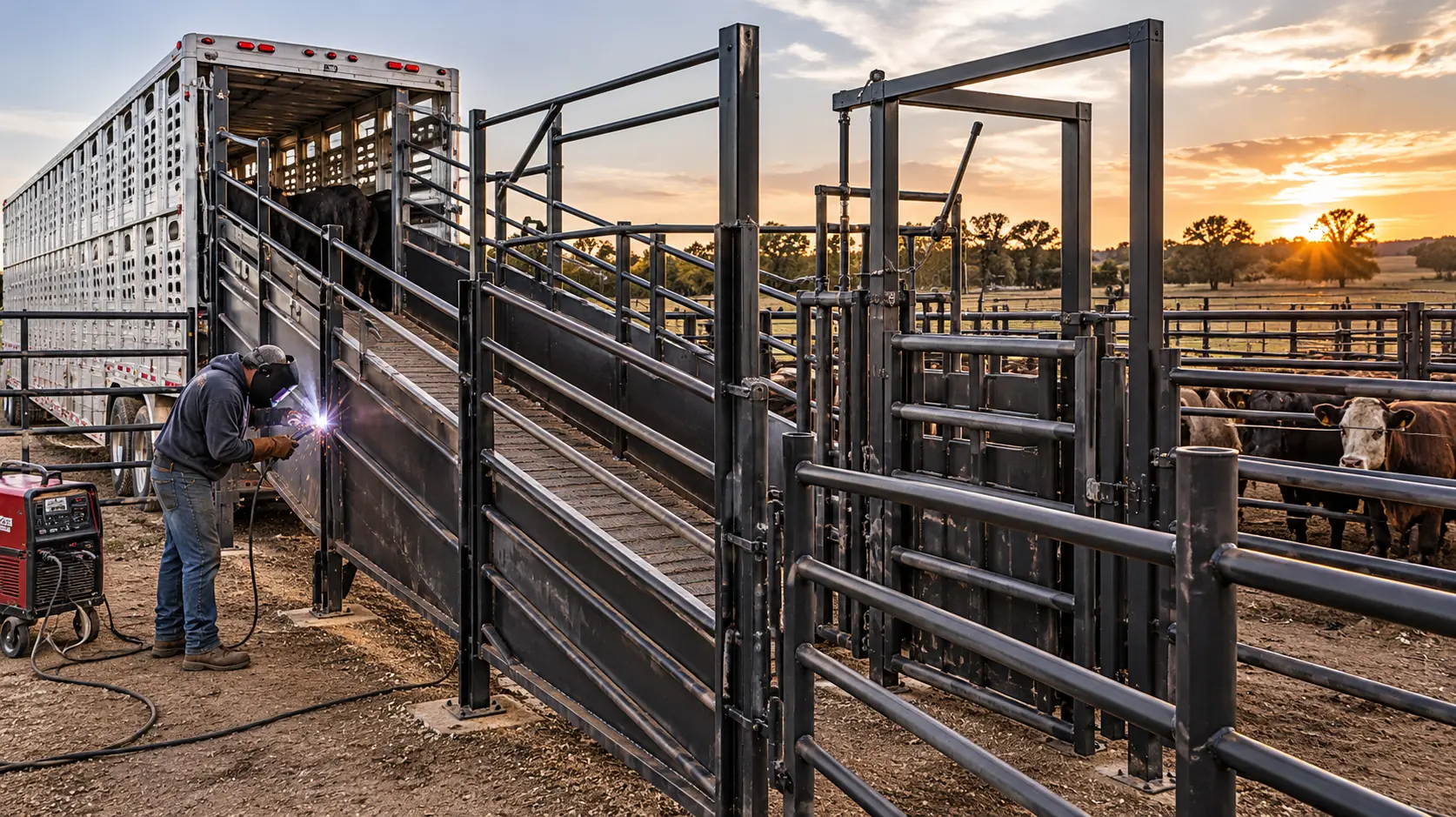 Welder repairing a heavy-duty livestock loading chute and cattle handling pen