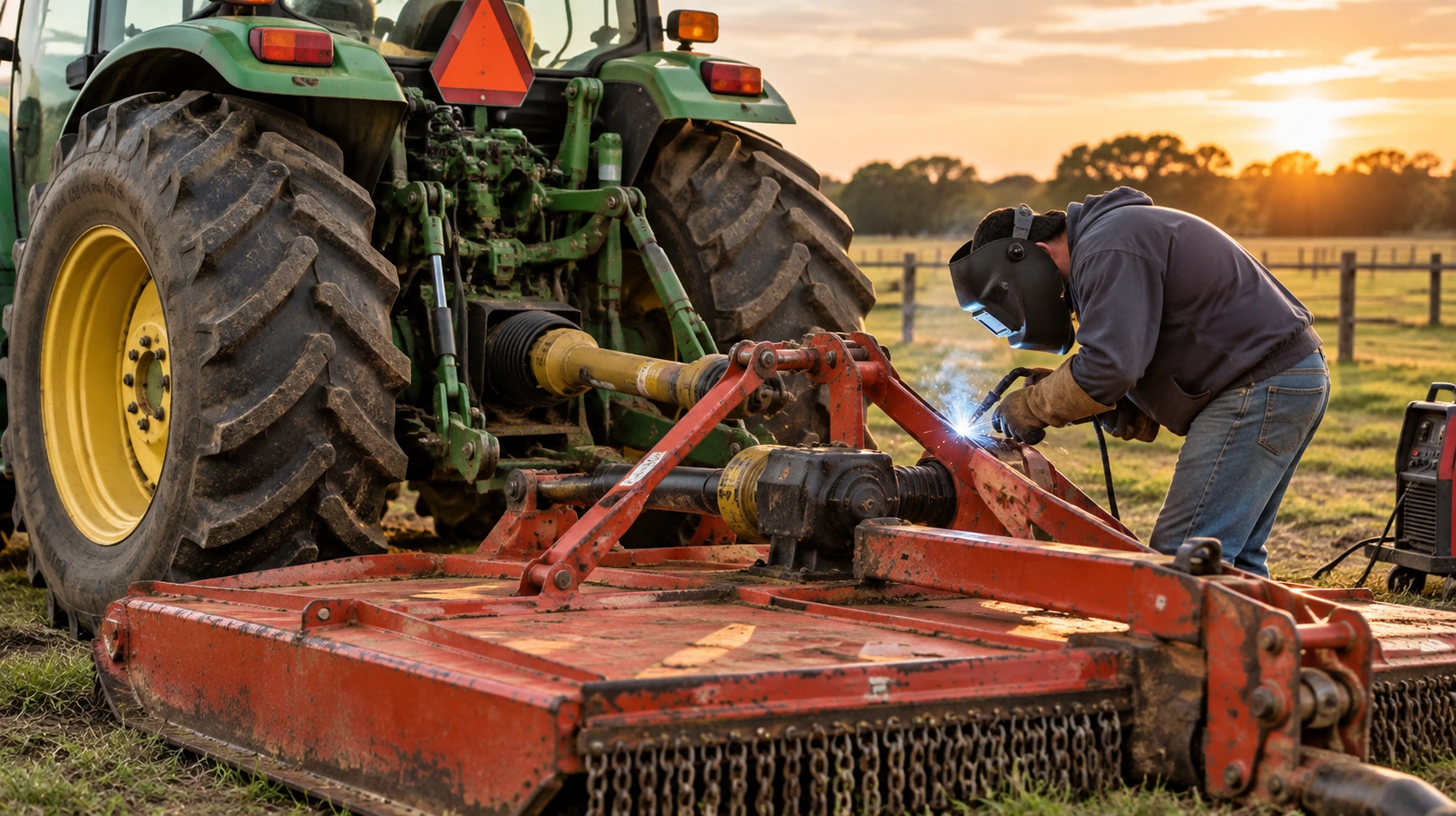 Welder repairing a tractor-mounted rotary cutter and PTO equipment on a farm