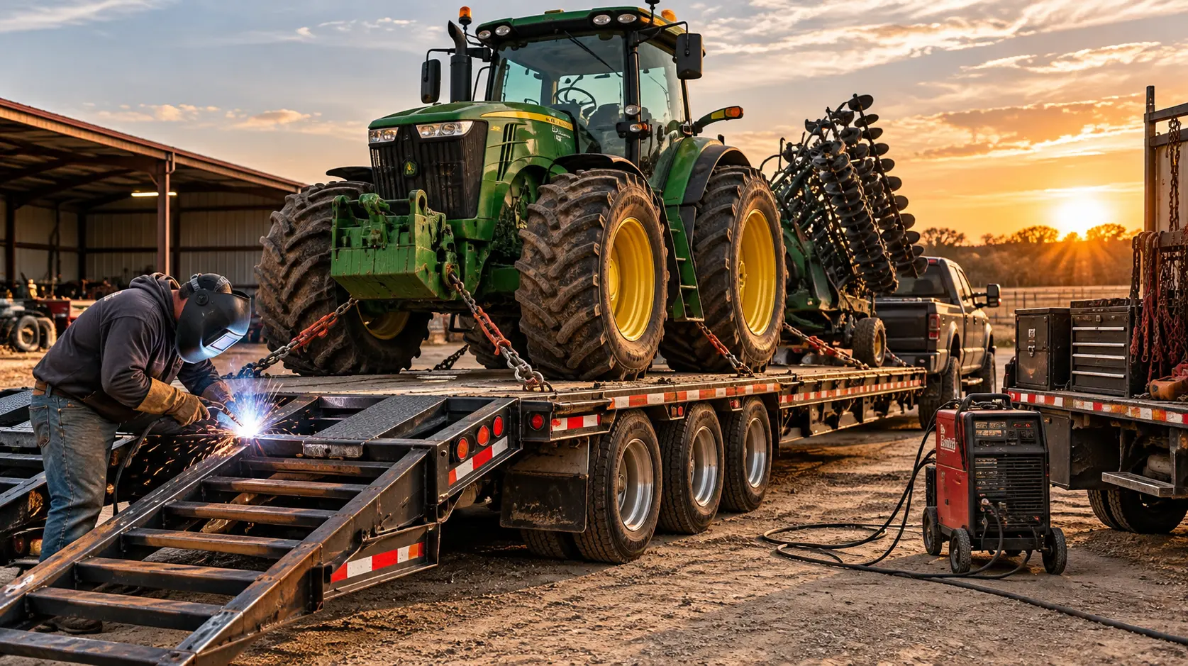 Welder repairing a heavy-duty farm trailer and loading equipment used to transport agricultural machinery