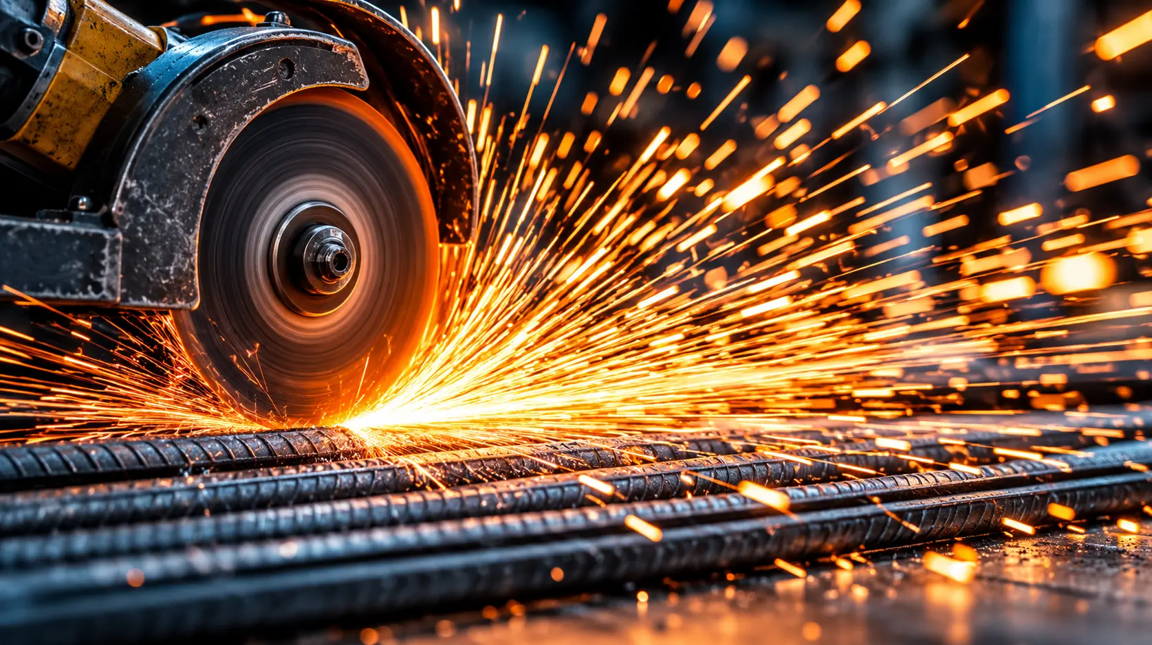 Industrial angle grinder cutting steel rebar and producing bright sparks