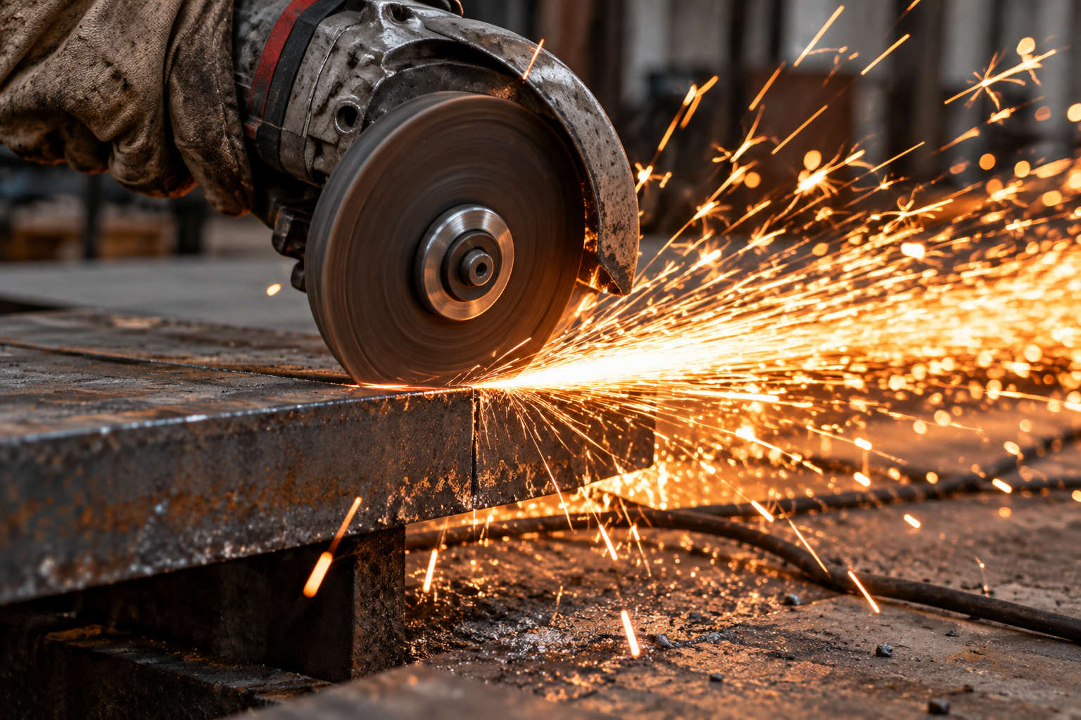 Angle grinder cutting through thick steel with bright sparks in a fabrication shop