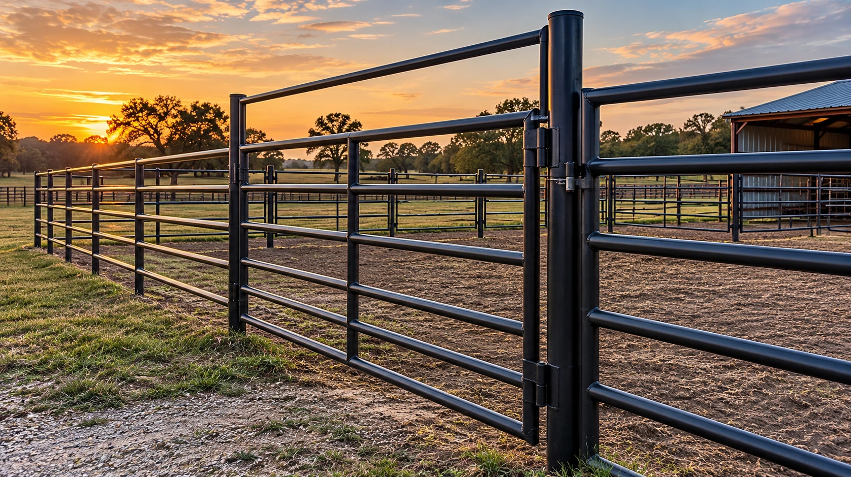 Heavy-duty welded steel farm fencing with custom livestock gates surrounding a rural pasture